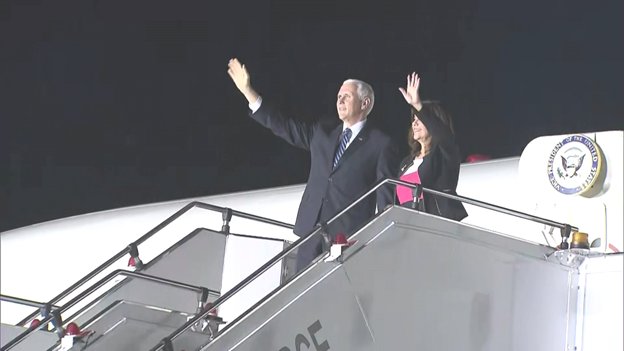 VP and Mrs Pence step off Air Force Two on their arrival in Singapore for the US summit with Southeast Asian Nations. Pence arrives from stop in Japan and talks with PM Abe. to whom he reaffirmed delivery of ten F-35 fighters by year's end and six more in 2019.   