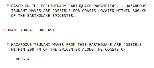 The Pacific Tsunami Warning Center issues a tsunami warning of waves possible for coasts located within 300km of the epicenter   