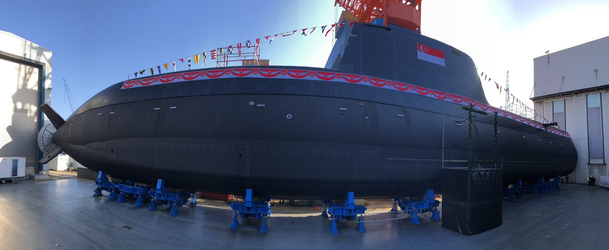 The Type218SG submarine is the first of four customised submarines designed for operations in Singapore's shallow and busy tropical waters (pictures taken in Kiel, Germany)   