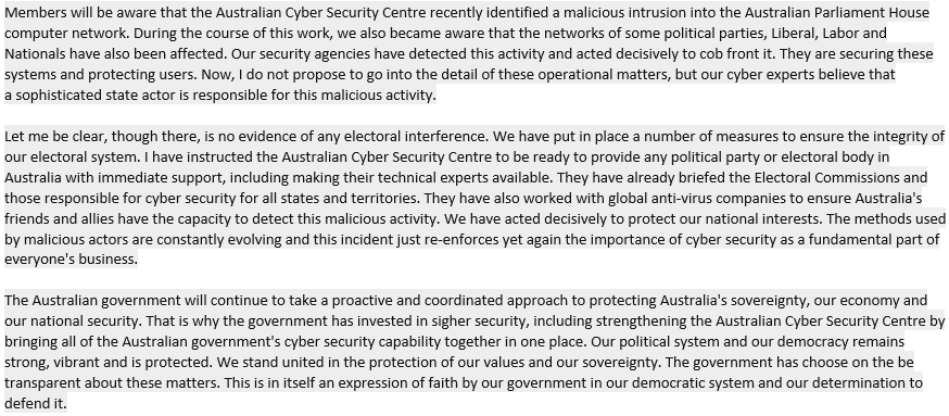 Australia's major political parties have been hacked by a sophisticated state actor. Full statement by the PM to parliament