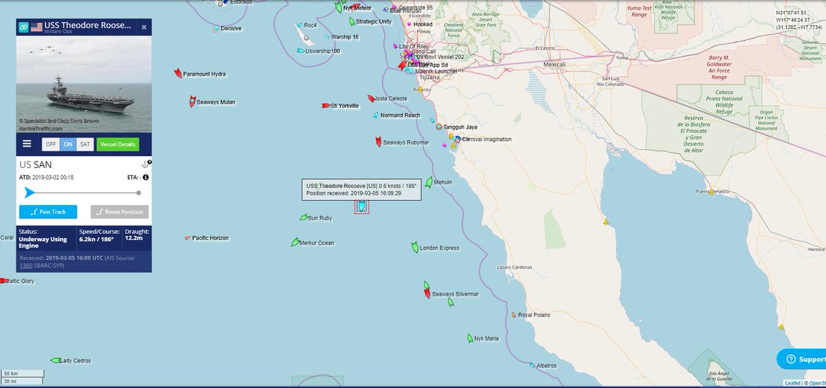 USNavy Nimitz-class aircraft carrier USS Theodore Roosevelt (MMSI:366984000 CS:NNTR) is headed South, off the West Coast of Mexico.  CVN71