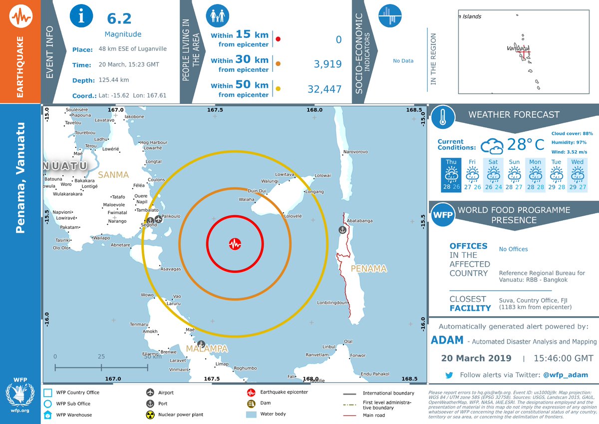 Earthquake in Penama, Vanuatu (22m ago). 48km ESE of Luganville. Magnitude: 6.2 Depth: 125.44   