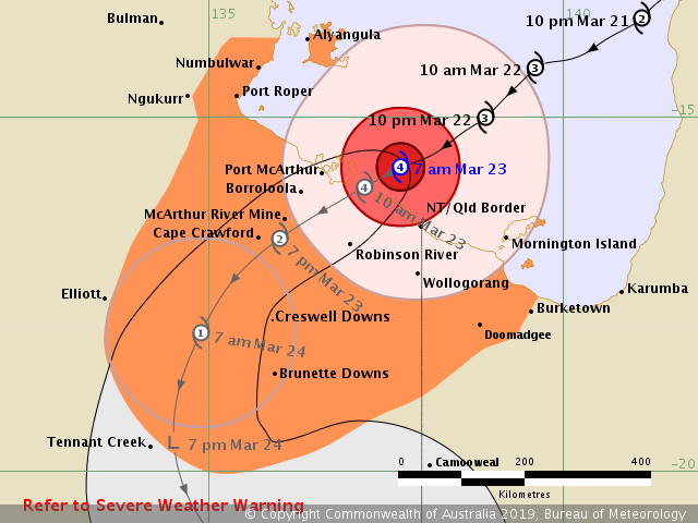 The very destructive core of Severe Tropical Cyclone Trevor is expected to cross the coast between Port McArthur and the NT/Qld border this morning. #CycloneTrevor    