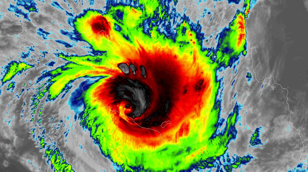 An intense Category 4 tropical cyclone trevor is making landfall in NE Australia right now   (local morning there). Source: RAMMB   