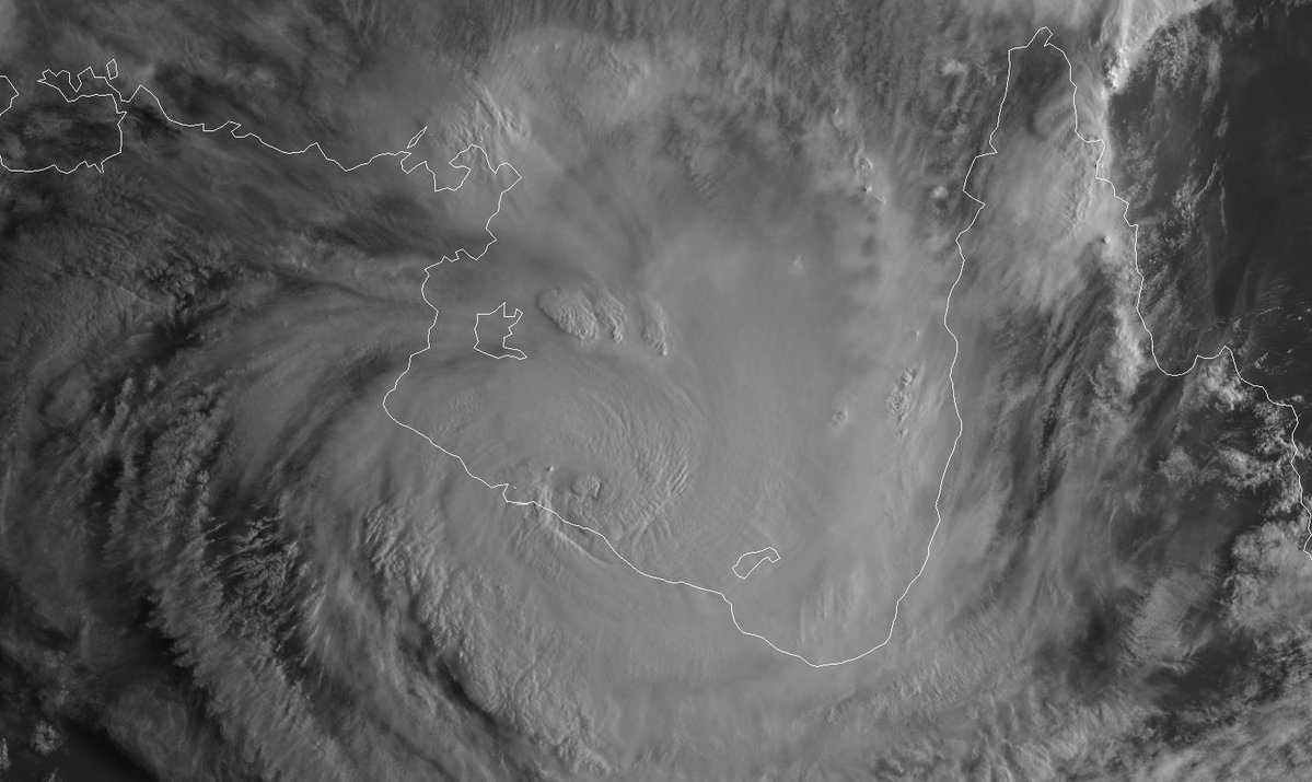 An intense Category 4 tropical cyclone trevor is making landfall in NE Australia right now   (local morning there). Source: RAMMB   