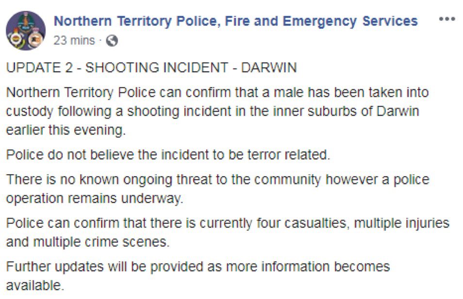 Darwin: Authorities say they do not believe the shooting incident in Darwin's central business district is terrorism-related.   