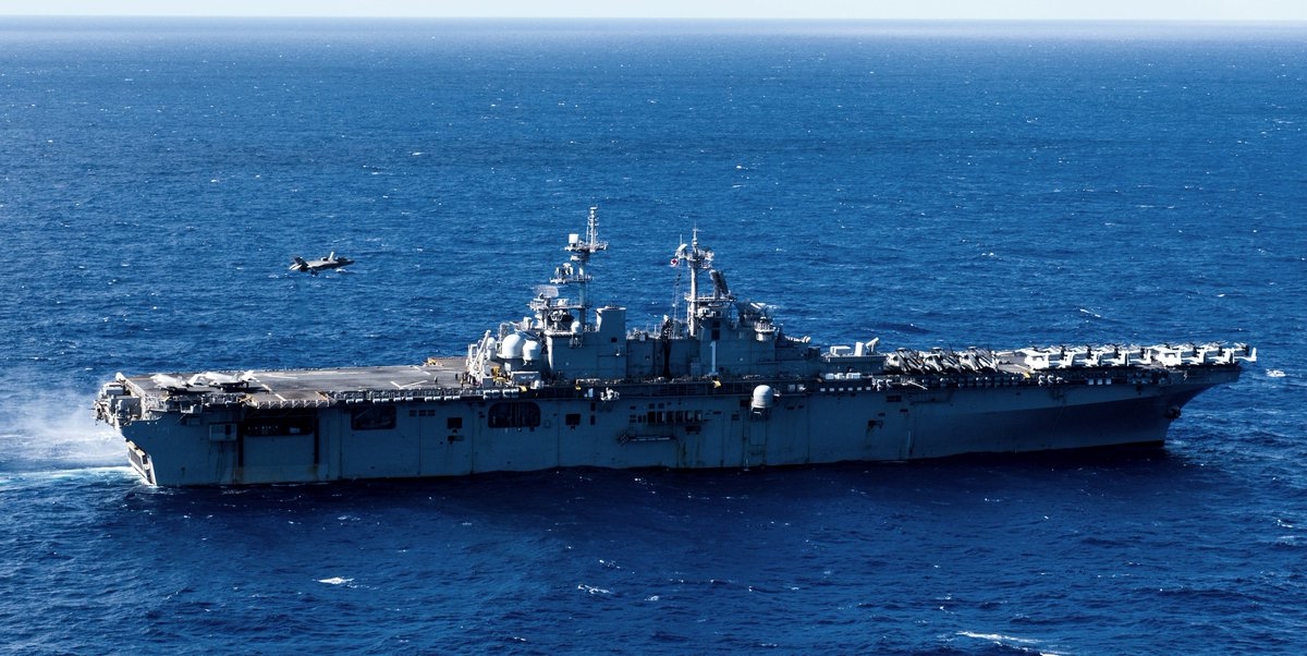 Japan-based US assault ship WASP LHD1 operating her embarked Marine Corps F-35B STOVL Joint Strike Fighters in the Coral Sea 1 Aug, just after taking part in Exercise Talisman Sabre in Australia. She's been underway with the 31st MEU Marine Expeditionary Unit since early June