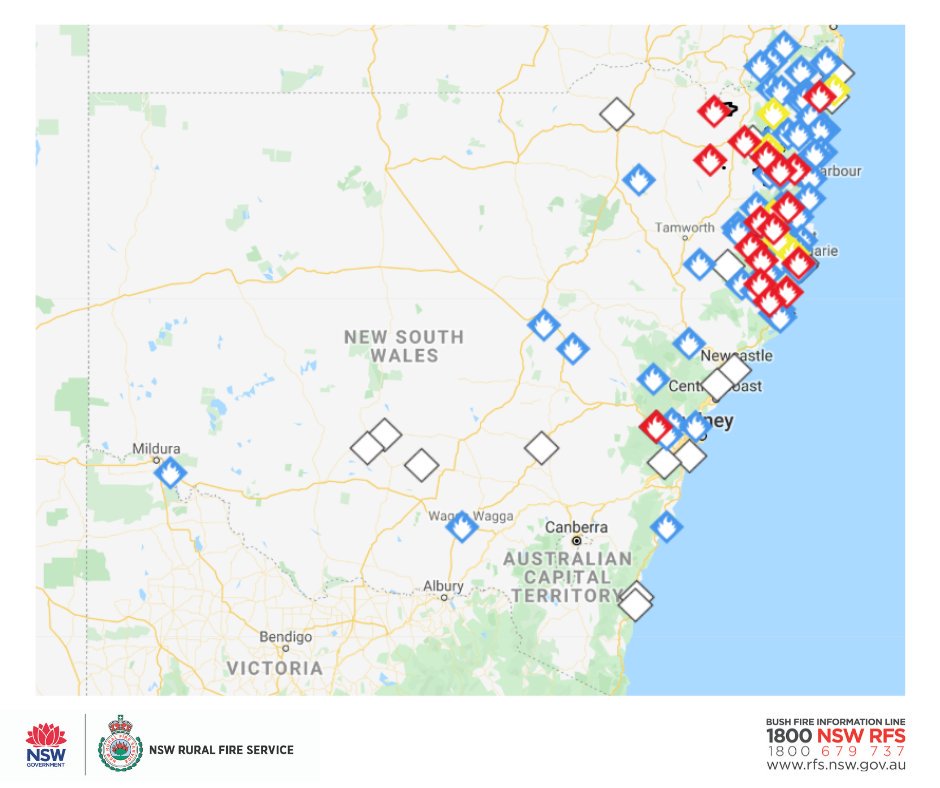 At 5.30pm, there are 96 fires burning across the state, with 57 yet to be contained. 17 fires remain at Emergency Warning, mostly across the north coast and northern NSouth-West
