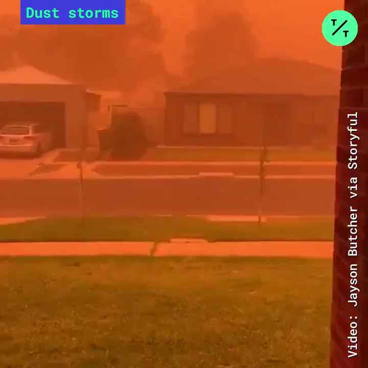 Dust storms across a town in Victoria, Australia paint the air and sky orange