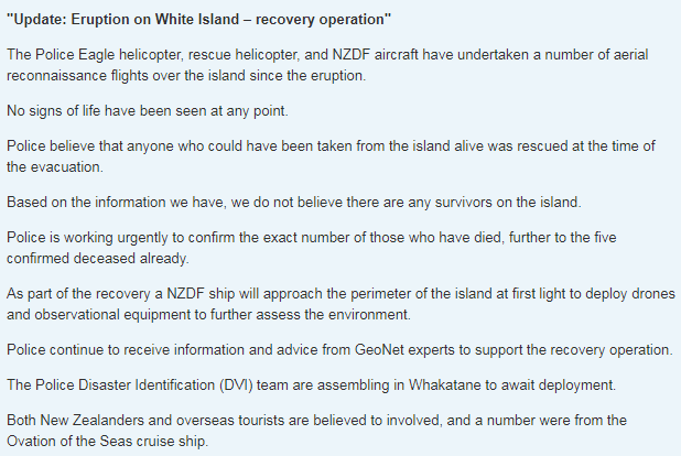 Police in New Zealand say they believe there are no survivors from the people who are missing after the sudden volcanic eruption on White Island, at least 5 were killed and dozens injured
