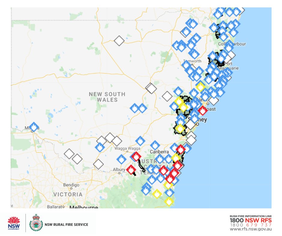 At 6pm there are 120 fires, 68 are not contained. Eight Emergency Warnings are in place. It has been a busy day for the 3,000 firefighters in the field.  As the southerly change moves up the coast conditions continue to be unpredictable. 