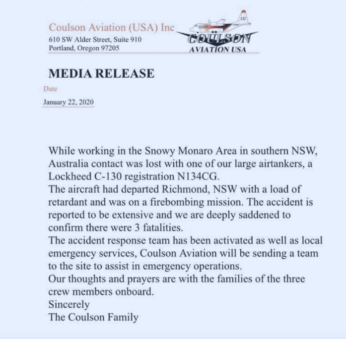 Three Americans died today when a C-130 Hercules aerial water tanker from Oregon crashed while battling wildfires in the Snowy Monaro region of New South Wales state in Australia