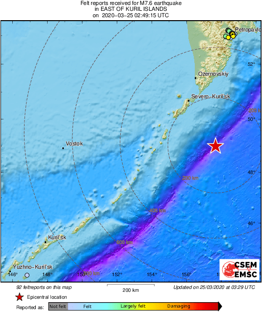 Map of felt reports received so far following the earthquake M7.6 East of Kuril Islands 
