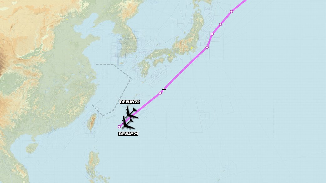 USAF B-52Hs DEWAY21 & 22 departed Eielson AFB, Alaska to a point in the Philippine Sea, possibly to conduct operations with a Carrier Strike Group nearby. Following the task, both bombers will fly directly home to Barksdale AFB, Louisiana the North Pacific