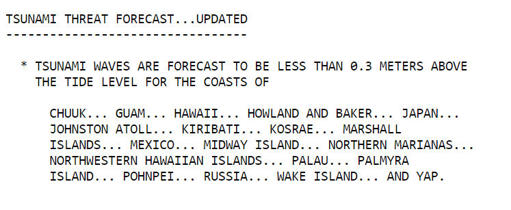For Guam, Hawaii, Japan, Mexico and others, possible tsunami waves of less than one foot