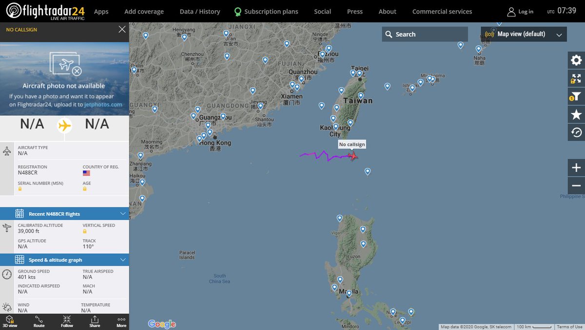 US Army (Lasai) CL-600 ARTEMIS N488CR ISR Aircraft currently tracking over the Luzon Strait