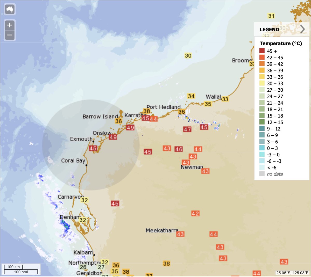 With a high temperature of 50.7°C, the station of Onslow in Western Australia has tied the Australian all-time record set in Oodnadatta in January 1960. Also 50.5°C in Mardie and Roebourne. 