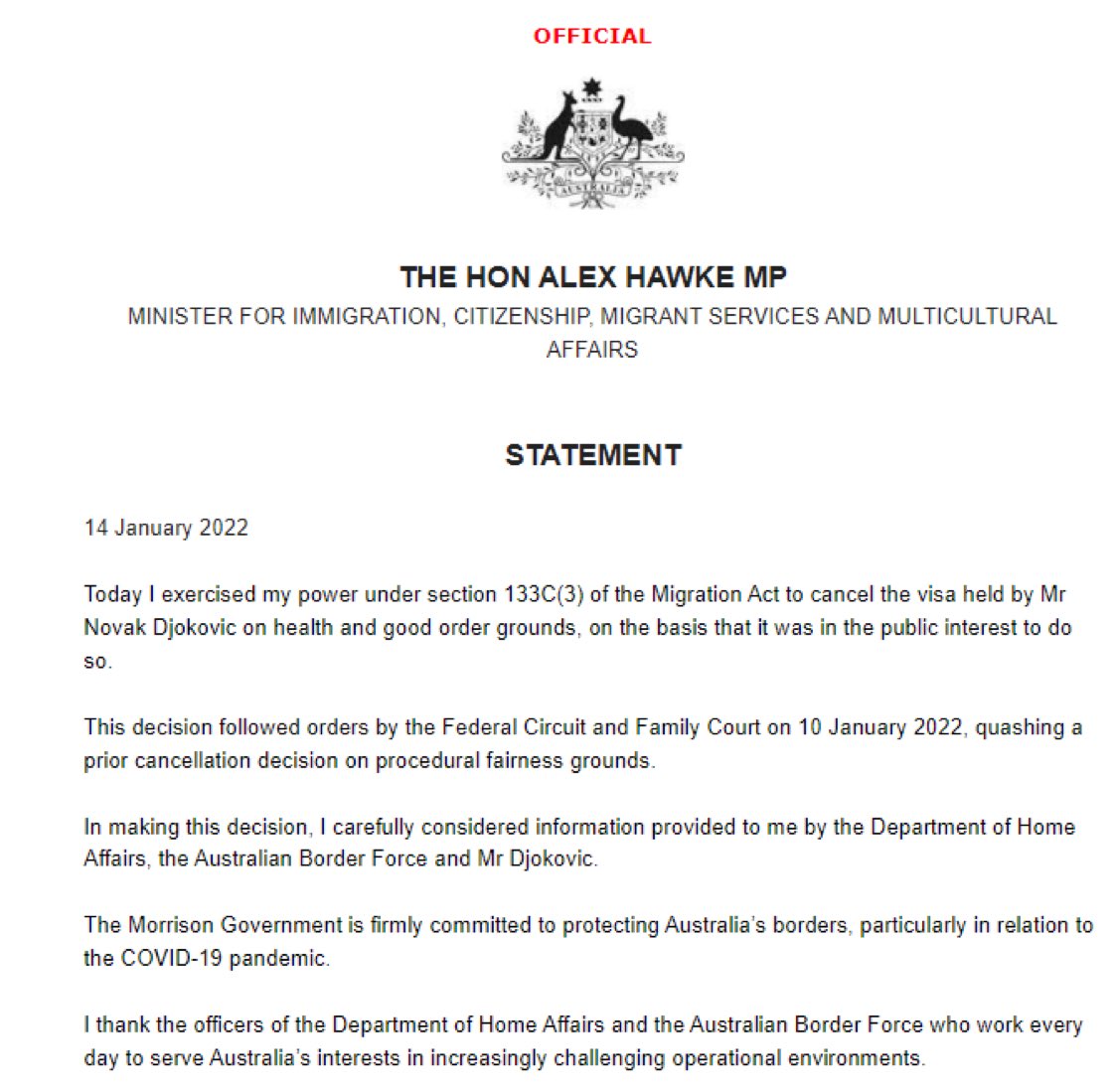 Alex Hawke's statement revoking Djokovic's visa