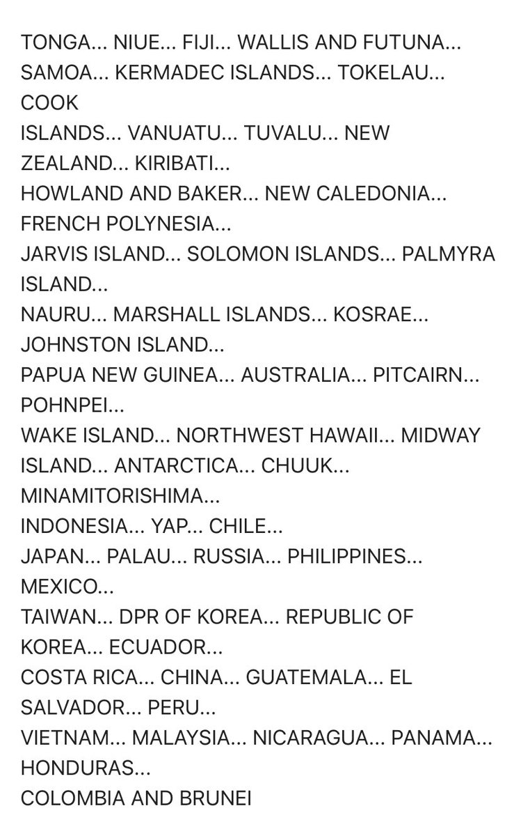 Hazardous tsunami still possible over the next three hours in a wide area of the Pacific, according to @NWS_PTWC