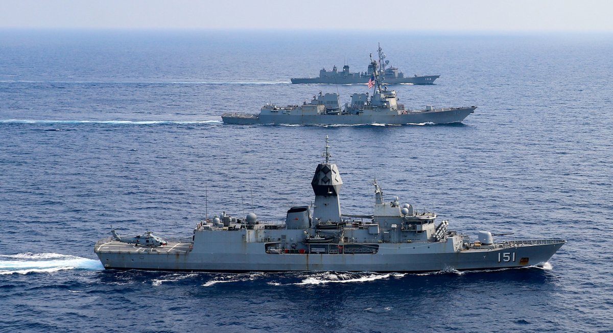 Australian, Japanese and US ships joined up for maneuvers in the South China Sea 15 March. Australian frigate ARUNTA 151, Japanese destroyer YUDACHI D103 & USS MOMSEN DDG92 with a USN P-8A of VP26 were shadowed by a Chinese Type 054A frigate