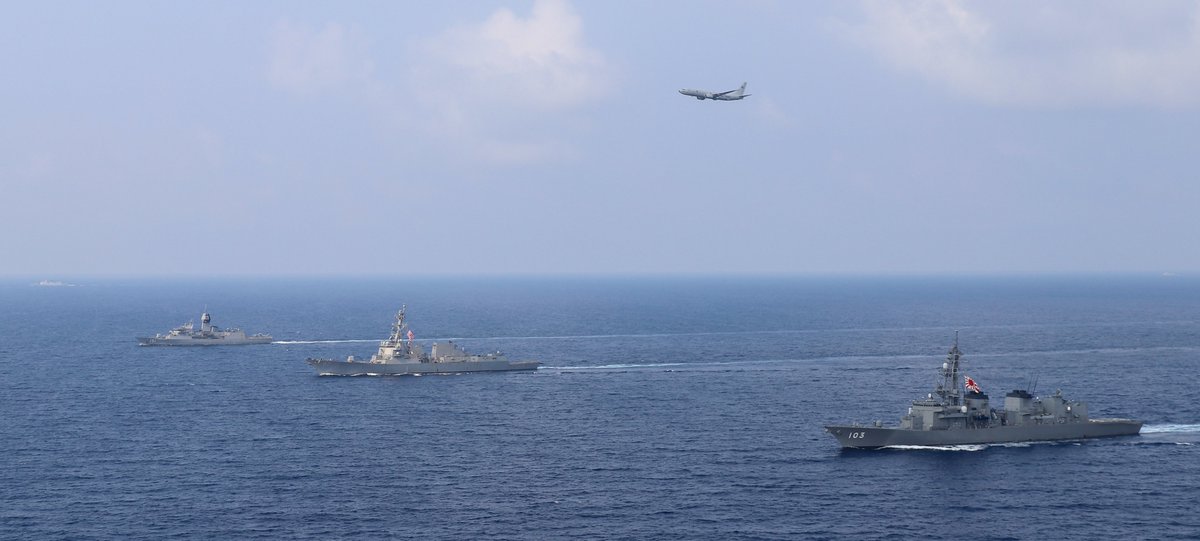 Australian, Japanese and US ships joined up for maneuvers in the South China Sea 15 March. Australian frigate ARUNTA 151, Japanese destroyer YUDACHI D103 & USS MOMSEN DDG92 with a USN P-8A of VP26 were shadowed by a Chinese Type 054A frigate