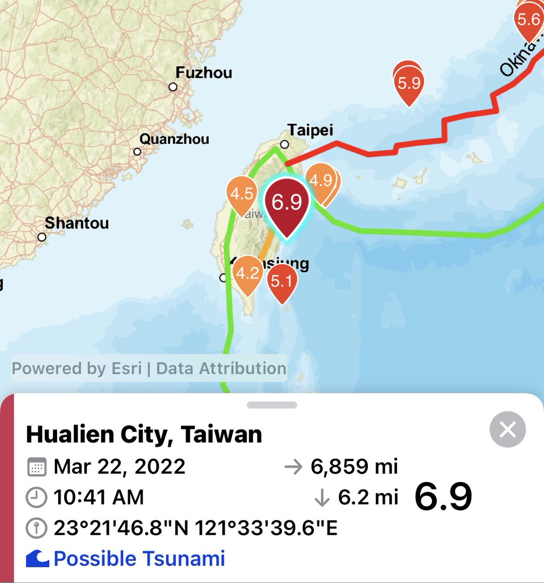 Strong M 6.9 earthquake strikes just off coast of Taiwan