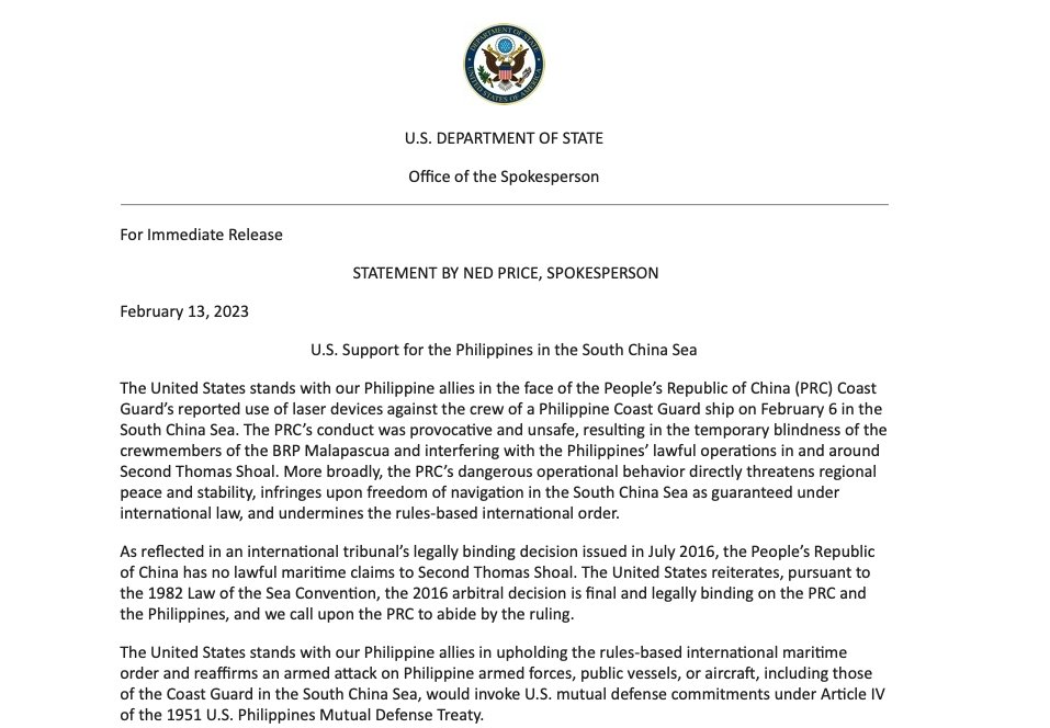 US stands with our Philippine allies in the face of the People's Republic of China (PRC) Coast Guard's reported use of laser devices against the crew of a Philippine Coast Guard ship on February 6 in the South China Sea, says State Dept. spokesman Ned Price in a statement