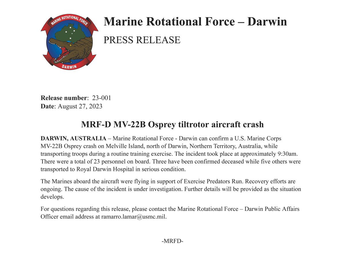Latest Information on the MV-22B Osprey Incident