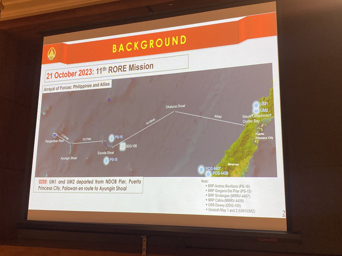 Navy chief Adaci shows media positions of Philippine Navy and PCG ships during the RORE mission. The USS Dewey was also nearby, at Escoda Shoal.   Adaci notes that starting in Sikatuna Shoal, a Chinese Navy corvette was already shadowing Philippine ships