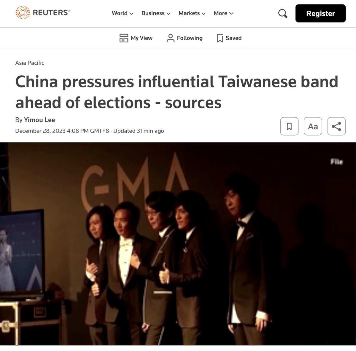 National Radio & Television Administration (国家广播电视总局) — under  CCP Publicity Department (中宣部) — has pressured influential Taiwanese rock band Mayday (五月天) to join China's media propaganda on Taiwan and make pro-China comments — publicly voicing support for Beijing's claims that democratically governed Taiwan is part of China — ahead of Taiwan's key elections next month