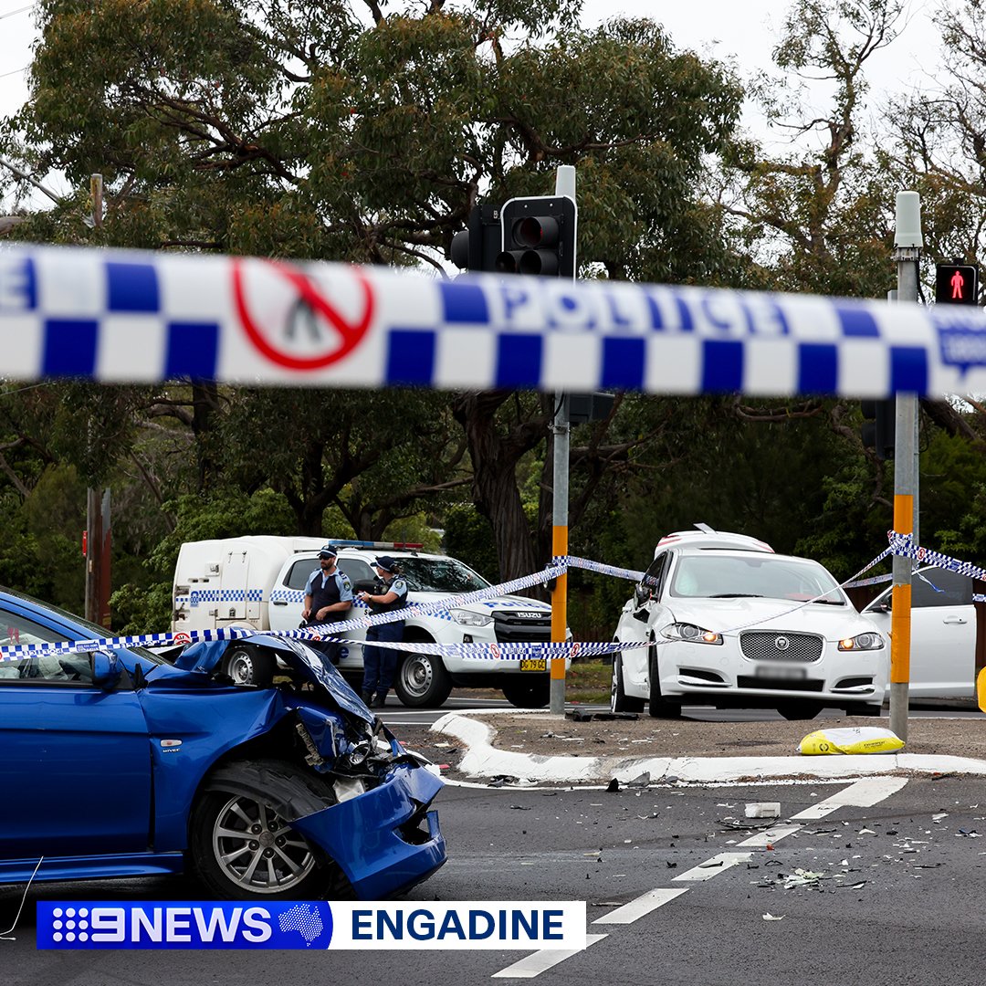 Six people, including a police officer, have been injured in a car crash and stabbing in Sydney's south. Emergency services arrived at the Princes Highway in Engadine for a two-car crash, where they encountered a 58-year-old male armed with a box cutter at around 9am this morning.