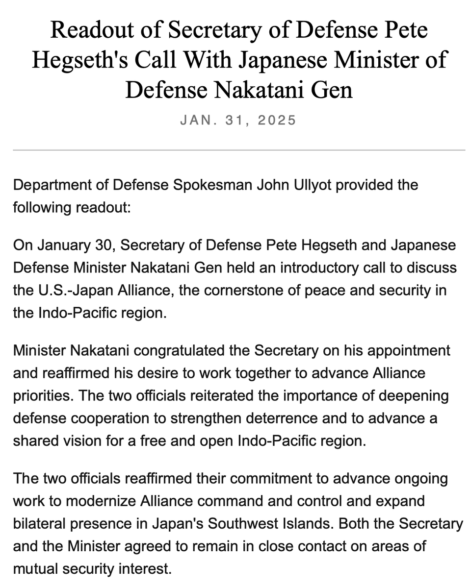 US Defense Secretary spoke Thursday with Japan ese Defense Minister Nakatani Gen. The two officials reiterated the importance of deepening defense cooperation to strengthen deterrence and to advance a shared vision for a free and open Indo-Pacific region per US readout