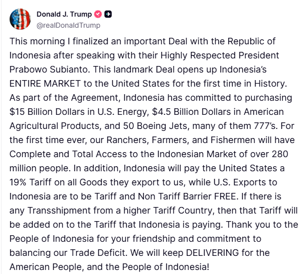 Trump on his deal with Indonesia: Indonesia has committed to purchasing $15 Billion Dollars in U.S. Energy, $4.5 Billion Dollars in American Agricultural Products, and 50 Boeing Jets, many of them 777’s